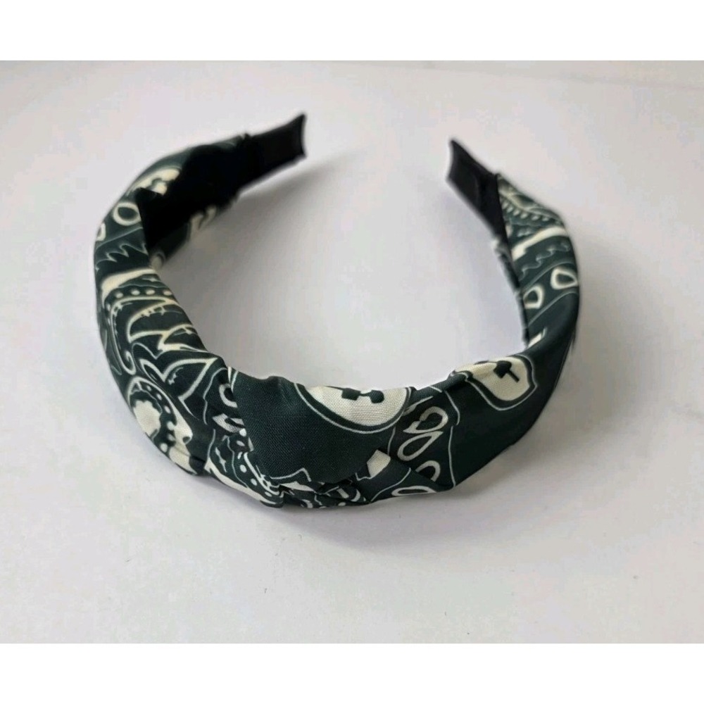 Green White turban knot headband bandana paisley jersey fabric cover band teeth